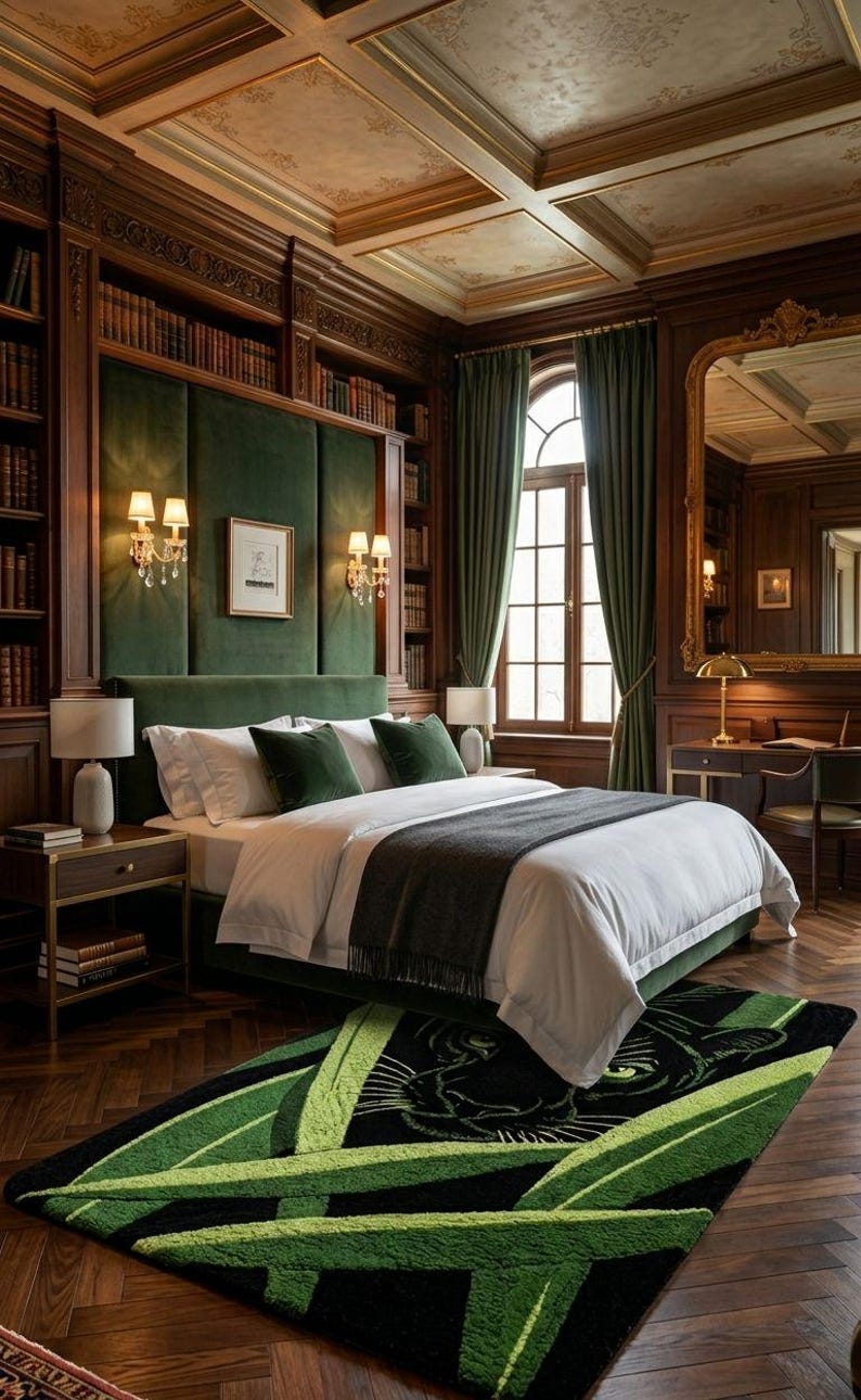May include: A luxurious bedroom with dark wood paneling, a green velvet headboard, and matching curtains. The bed is made with white linens and dark green pillows. A black and green rug with a tiger design sits on the hardwood floor.
