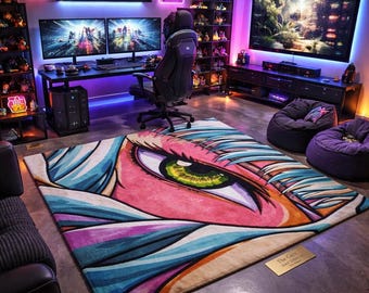 Handmade Anime Eye Rug for Gaming Room, Colorful Tufted Carpet, Gamer Decor Rug Gift