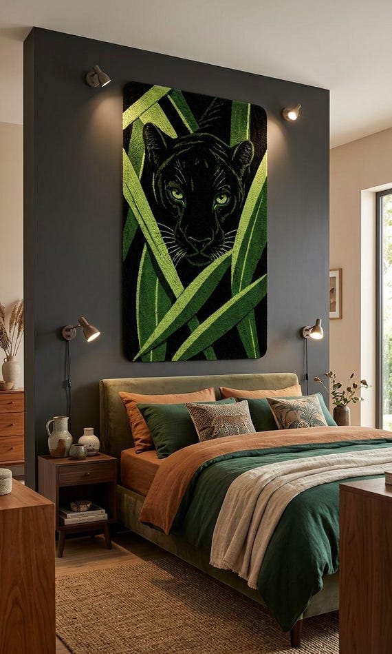 Handmade Tufted Panther Rug, Black & Green Jungle Rug, Modern Animal Area carpet, housewarming gift