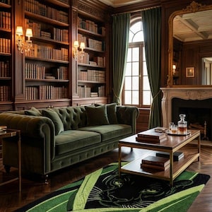 May include: A luxurious living room with a green velvet sofa, a wooden coffee table, and a rug featuring a black panther design. The room has dark wood paneling, bookshelves, and green curtains, creating a sophisticated ambiance.