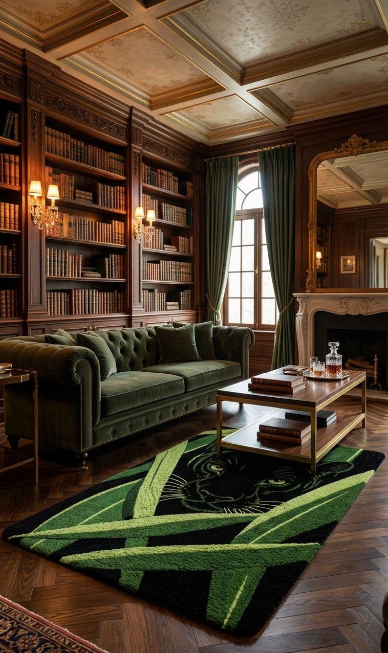 May include: A luxurious living room with a green velvet sofa, a wooden coffee table, and a rug featuring a black panther design. The room has dark wood paneling, bookshelves, and green curtains, creating a sophisticated ambiance.