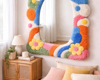 Handmade Tufted Squiggle Mirror: Colorful Flower Rug Frame, Groovy Art