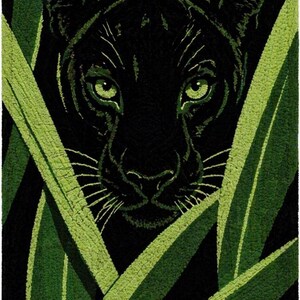 May include: A black panther's face emerges from a dense, green, leafy background. The panther's eyes are a bright green, contrasting with its dark fur. The leaves are a mix of light and dark green, creating a textured, jungle-like effect.