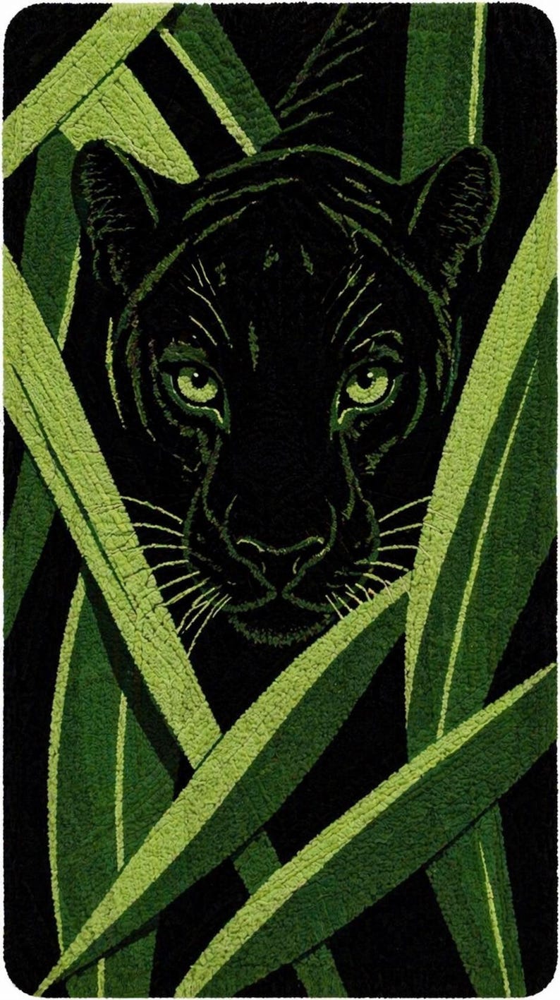 May include: A black panther's face emerges from a dense, green, leafy background. The panther's eyes are a bright green, contrasting with its dark fur. The leaves are a mix of light and dark green, creating a textured, jungle-like effect.