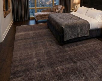 Hand-Knotted Wool Rug  Area oushak Rug Modern Solid Brown Dark Chocolate Carpet Rugs gifts
