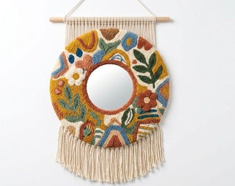 Handmade Tufted Squiggle Mirror: Colorful Flower Rug Frame, Groovy Art
