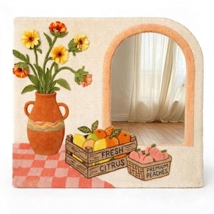 Handmade Tufted Mirror Rug – Floral Vase, Citrus Design Wall Hanging