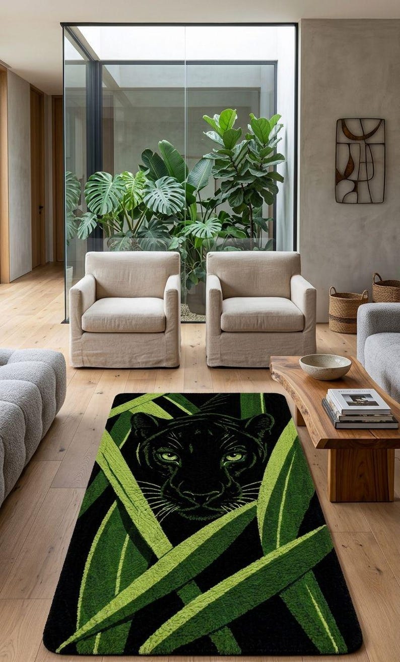 May include: A black rug featuring a panther's face peering through green leaves. The rug has a black background and a green and black leaf design. The rug is in a living room with neutral-toned furniture and hardwood floors.