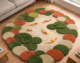 Handmade Wool Koi Fish Pond Rug – Lily Pad Art Carpet Housewarming gifts