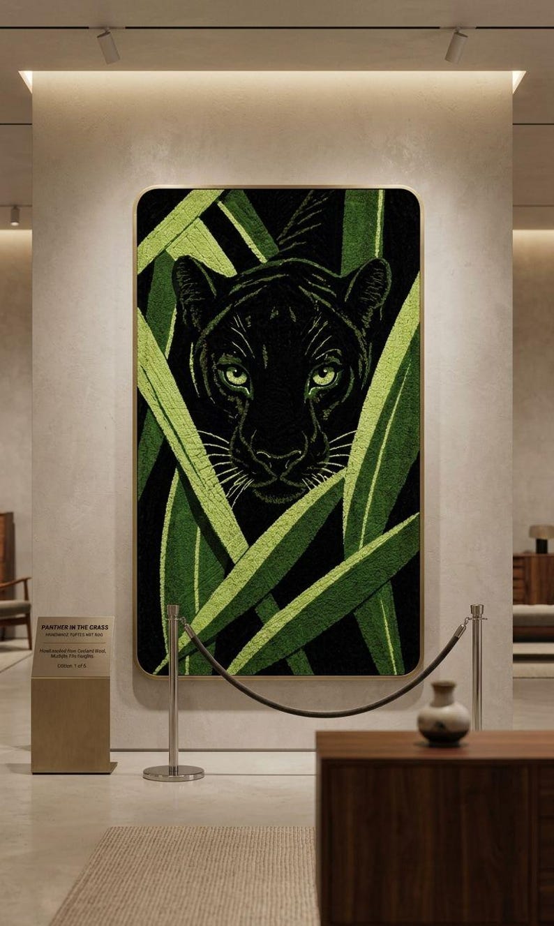 May include: A framed artwork titled "Panther in the Grass" depicts a black panther with piercing green eyes, partially obscured by stylized green foliage. The artwork is displayed in a gallery setting.
