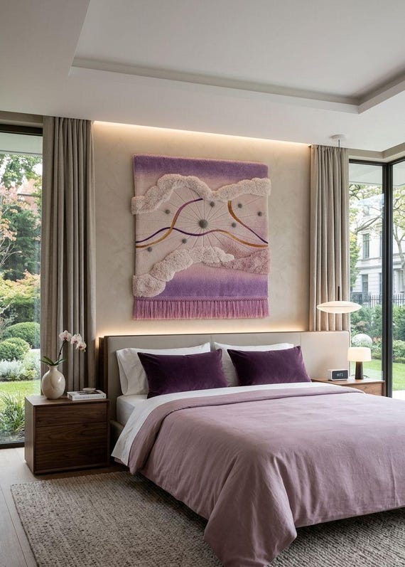 Hand Tufted Wall Hanging Purple & Pink Sunset Fiber Art Handmade Modern Rug Art