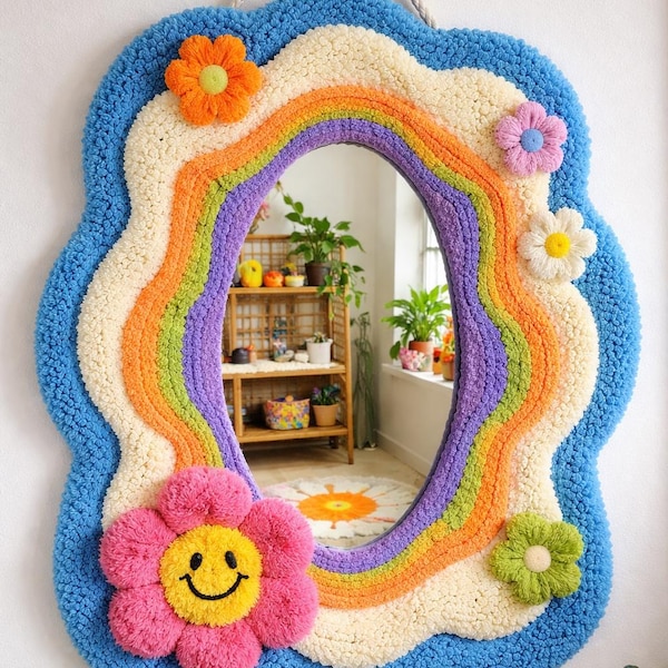 Handmade Tufted Squiggle Mirror: Colorful Flower Rug Frame, Groovy Art
