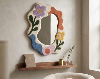 Tapete espelhado tufado feito à mão, espelho grande ondulado, presente exclusivo para inauguração de casa, arte de parede floral boho.