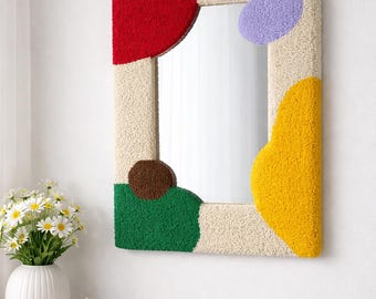Espelho de parede tufado à mão: decoração com fios de acrílico ondulados – presente de boas-vindas em estilo boho moderno retrô