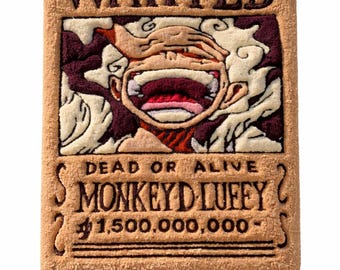 Tapete de parede artesanal tufado "Procurado Monkey D. Luffy", tapeçaria para pendurar inspirada no anime One Piece.