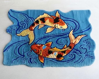 Tapete artesanal de lã tufada estilo Koi, para sala de estar.