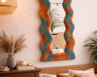 Handmade Tufted mirror Squiggle rug burnt orange and "teal"Scalloped Mirror Frame  Boho Decor