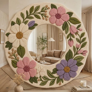 May include: A large circular mirror featuring a thick, textured, cream-coloured tufted frame decorated with embroidered floral motifs. The design includes large pink, white, and purple flowers, green leaves, and small tan berry-like clusters.