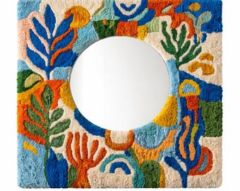 Tapete espelhado tufado feito à mão - Decoração de parede abstrata e colorida - Espelho 100% lã pura tecido à mão