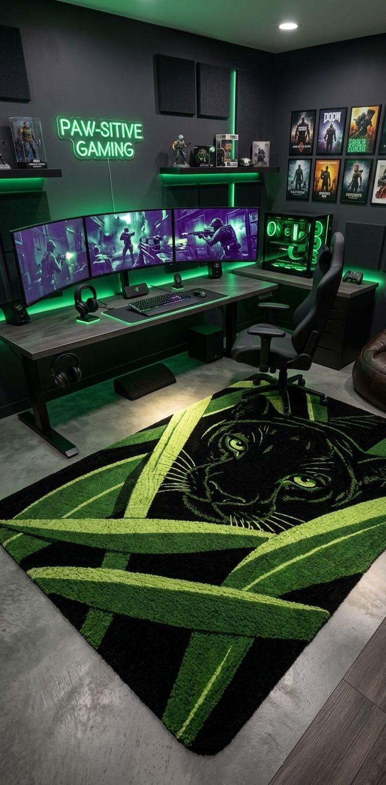 May include: A modern gaming room with a black and green color scheme. The room features a desk with three curved monitors, a gaming chair, and a rug with a panther design. The wall has the neon sign "PAW-SITIVE GAMING".