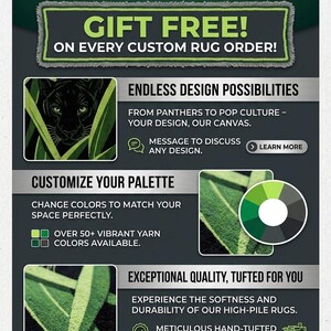 May include: An advertisement for custom rugs. The design features a black panther in green foliage, color palette options, and text that reads "Gift Free!" and "Endless Design Possibilities". The ad promotes high-pile rugs with meticulous craftsmanship.