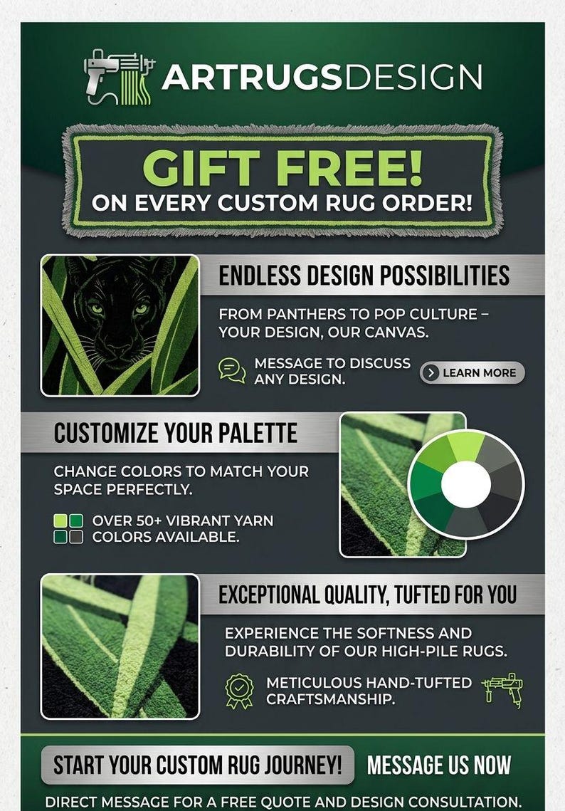 May include: An advertisement for custom rugs. The design features a black panther in green foliage, color palette options, and text that reads "Gift Free!" and "Endless Design Possibilities". The ad promotes high-pile rugs with meticulous craftsmanship.