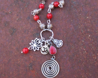 Buddha OM and Lotus Charm Necklace - Coral Charm Necklace - Coral Tibetan Charm Necklace - Red Coral Necklace - Charm Necklace