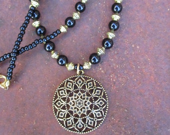 Black Onyx Necklace - Gold Finish Mandala Pendant and Black Onyx Necklace - Bohemian Black Onyx Necklace - Hippie Necklace