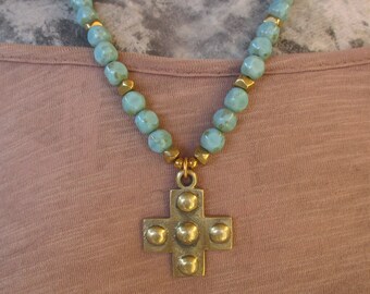 Brass Cross Necklace - Turquoise Colored Czech Glass Beads and Cross Necklace - Picasso Bead Necklace - Cross Necklace - Spiritual Necklace