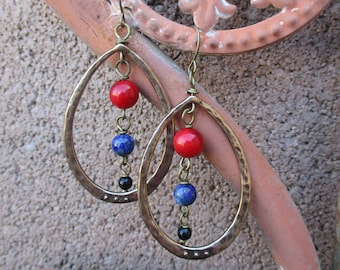 Antique Bronze Hoop Earrings with Coral, Lapis Lazuli and Onyx Dangles - Bohemian Hoop Earrings - Hippie Earrings - Hoop Earrings