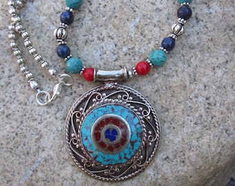 Tibetan Pendant with Turquoise Lapis Red Copal Amber Inlay Design Beaded Necklace - Turquoise Necklace - Lapis Necklace - Coral Necklace