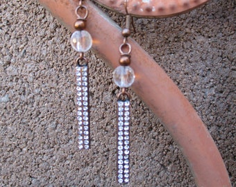 Quartz Beaded Earrings with Inlay Rhinestones and Copper Stick Charm - Boho Earrings - Copper Stick Earrings - Hippie Earring