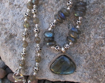 Labradorite Sterling Silver Necklace - Labradorite and Sterling Silver Pendant on Large Rondelle Labradorite Gemstone Necklace