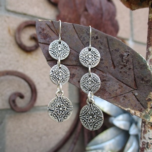 Three Mandala Earrings - Mandala Earrings - Tiered Mandala Earrings - Silver Mandala Dangle Earrings - Spiritual Earrings