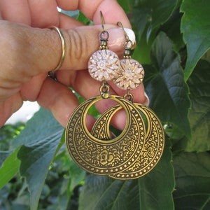 Dahlia Beaded Flower Design Antique Brass Finish Bohemian Earrings - Boho Earrings - European Glass and Flower Hoop Hippie Earrings