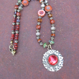Lotus Pendant on Czech Glass Beaded Necklace - Boho Beaded Lotus Pendant Necklace - Orange Glass Lotus Pendant Necklace - Hippie Necklace