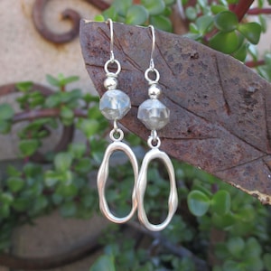 Silver Tone Oval Hoop Earrings - Hoop Earrings - Silver Tone Wonky Hoop and Czech Glass Beaded Earrings - Hippie Earrings - Boho Earrings