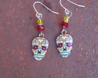 Enameled Colorful Day of the Dead Earrings - Dia De Los Muertas Earrings - Skull Earrings - Sugar Skull Earrings - Hippie Earrings