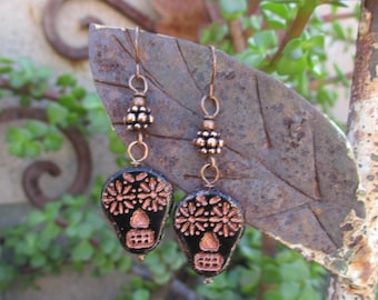 Black Skull Day of the Dead Earrings - Dia De Los Muertas Earrings - Skull Earrings - Sugar Skull Earrings - Hippie Earrings