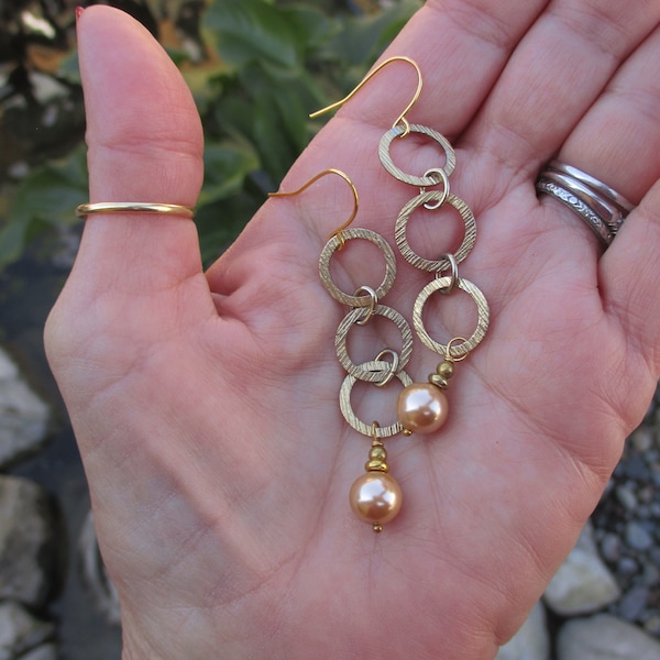 Golden Pearl Earrings - Vintage Hoop Chain and Pearl Earrings - Tiered Hoop Earrings - Hippie Earrings - Boho Chic Earrings - Boho Earrings