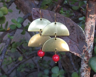 Red Coral and Brass Half Circle Tiered Earrings - Boho Earrings - Bohemian Earrings = Red Coral Earrings - Hippie Earrings - Gift for Her