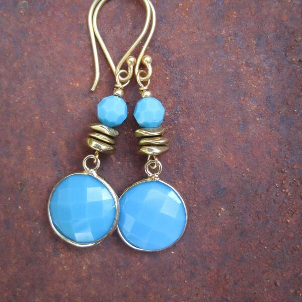 Sky Blue Faceted Gemstone Dangle and Swarovski Crystal Boho Earrings