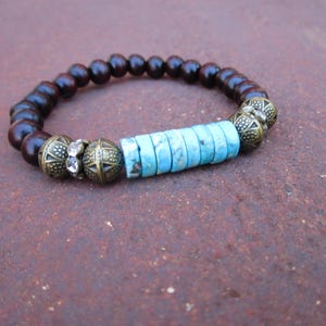 Turquoise, Crystal Rondelles and Wood Bracelet - Hippie Bracelet - Bohemian Stacker Bracelet - Turquoise Bracelet - Boho Bracelet