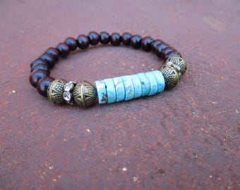 Türkis, Kristall Rondelle und Holz Armband - Hippie Armband - Boho Stacker Armband - Türkis Armband - Boho Armband