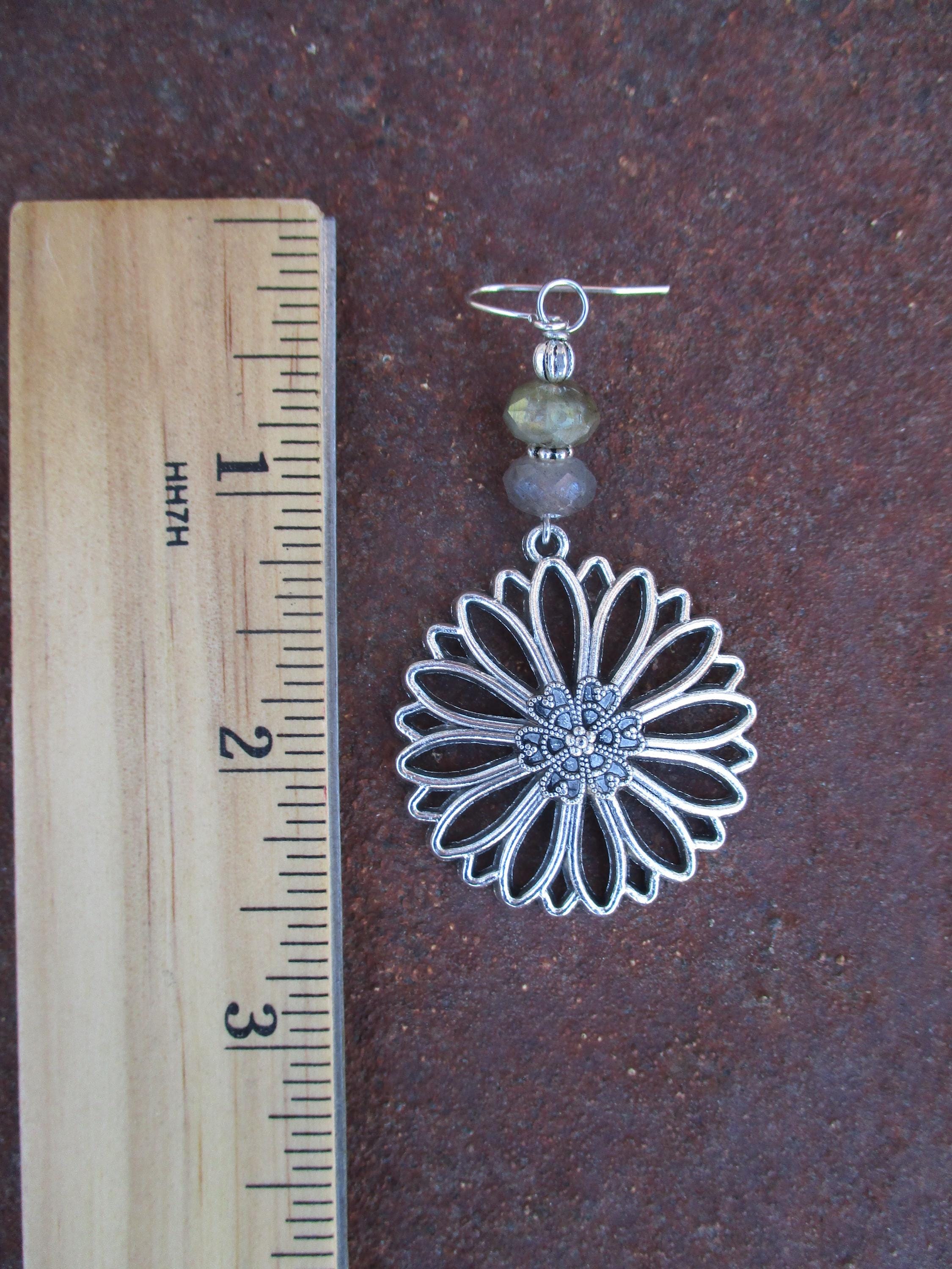 Large Boho Hippie Flower Silver Charm Earrings - Hippie Flower