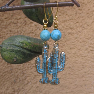 Cactus Earrings - Verdigris Cactus Earrings - Southwest Earrings - Cactus and Turquoise Earrings - Hippie Earrings - Boho Earrings