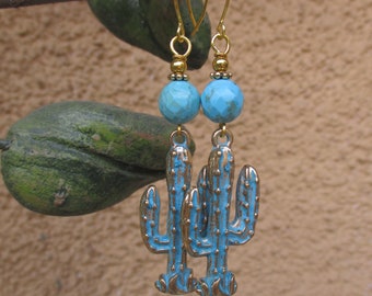 Cactus Earrings - Verdigris Cactus Earrings - Southwest Earrings - Cactus and Turquoise Earrings - Hippie Earrings - Boho Earrings