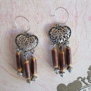Silver Chandelier Earrings, Coconut Beaded Chandelier Earrings, Boho Chandeliers, Hippie Chandeliers, Filigree Heart Chandelier Earrings