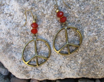 Large Brass Finish PEACE Sign Earrings on Faceted Carnelian Gemstones, Brass Peace Sign Earrings, Hippie Earrings, Boho Earrings