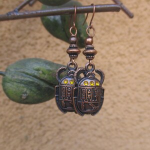 Scarab Earrings - Copper Tone Scarab Earrings - Egyptian Earrings - Egyptian Scarab Earrings - Hieroglyphic Scarab Earrings